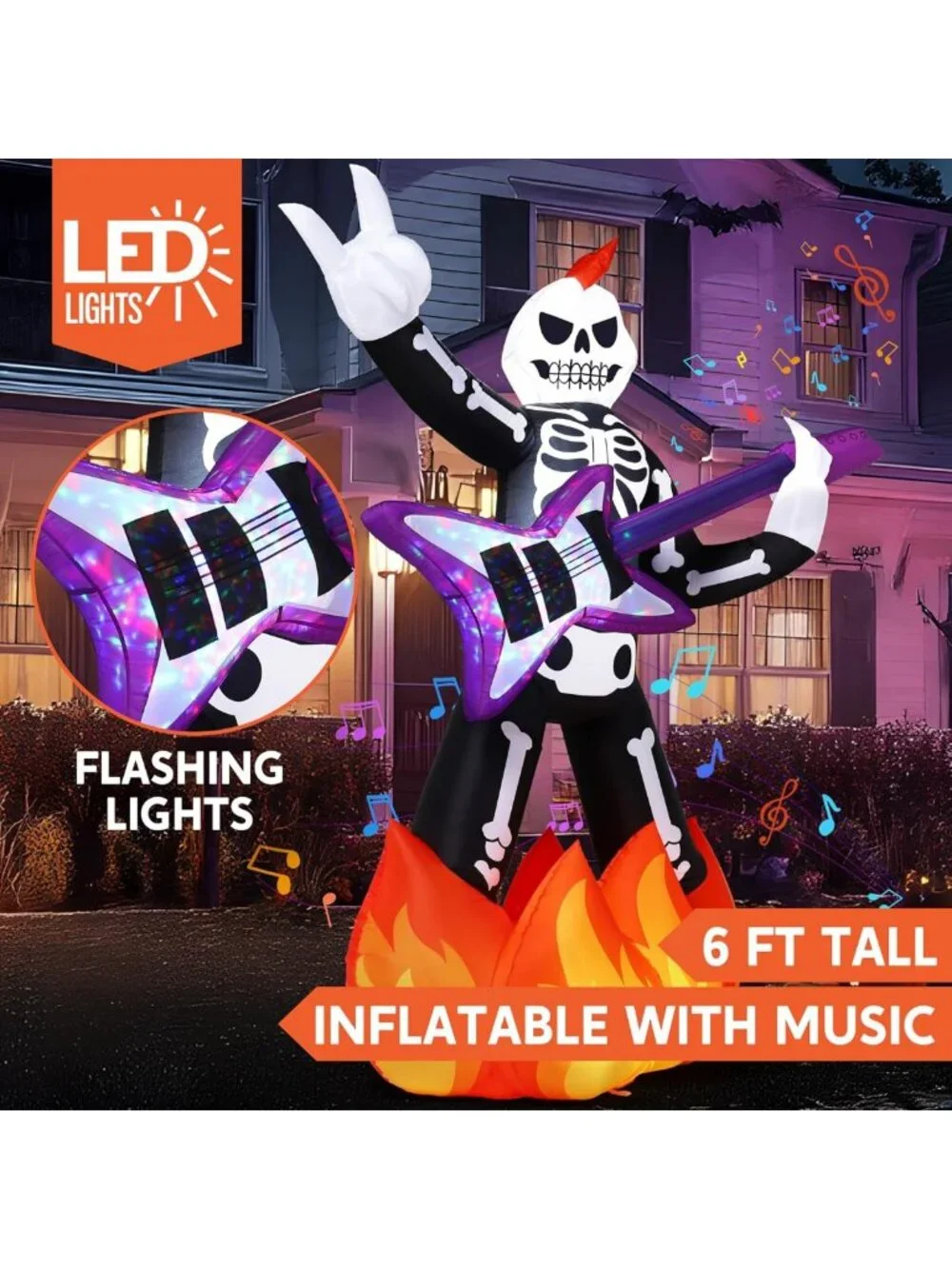 6ft Inflatable Skeleton Plays Guitar - Spooky Halloween Yard Decor with LED